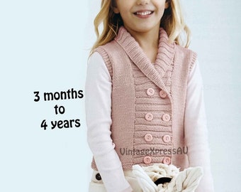 Baby to Child Shawl Collar Double-breasted Vest Sleeveless knitting pattern 3 months to 4 years DK 8 ply PDF digital download