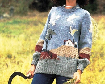 Picture Sweater Jumper Knitting Pattern in ENGLISH Country Homestead Scene 8 ply Vintage PDF Digital Download