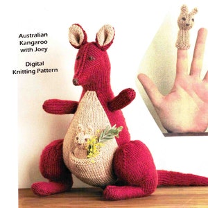 May include: A knitted red kangaroo with a beige pouch holding a smaller beige kangaroo joey. The kangaroo is sitting on a wooden surface. The text "Australian Kangaroo with Joey" and "Digital Knitting Pattern" is above the kangaroo. A finger puppet of a beige kangaroo is shown on a hand to the right of the kangaroo.