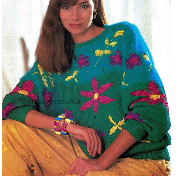 Sweater with Flowers Intarsia knitting pattern in ENGLISH Women's 3 sizes 12, 14, 16 UK sizing PDF digital download