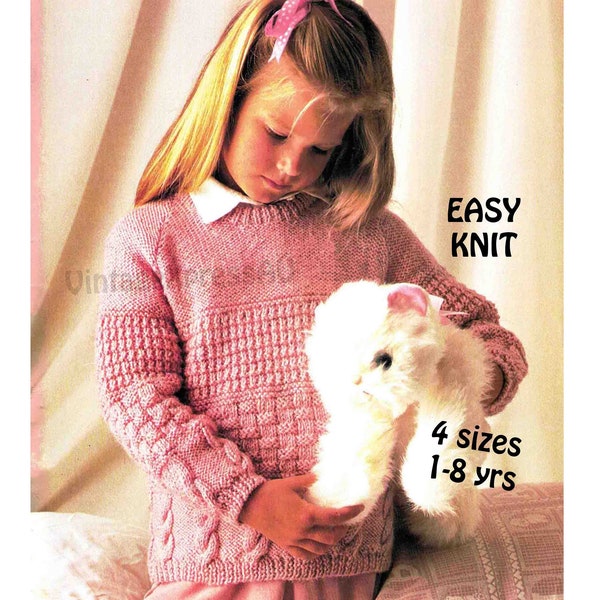 Easy Mixed Stitch Child's sweater knitting pattern in ENGLISH 4 sizes Unisex Children 1-8 yrs 22"-28" 55-70cm DK 8 ply PDF digital download
