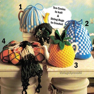 May include: A set of four crochet patterns for tea cosies and string bags. The patterns include a blue and white striped tea cosy, a blue and white checkered tea cosy, a yellow pineapple tea cosy, and a green and white string bag.