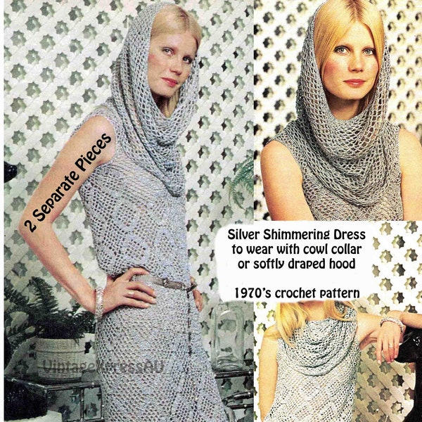 Maxi Dress with Hood or Cowl Collar crochet pattern 2 Separate pieces Lady's Evening Formal Wedding gown 3 sizes PDF digital download