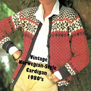 Norwegian-Style Cardigan Knitting Pattern in ENGLISH Lady's 34-38" 8 ply DK Vintage 1980's Buttoned PDF Digital Download Fair Isle