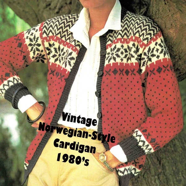 Norwegian-Style Cardigan Knitting Pattern in ENGLISH Lady's 34-38" 8 ply DK Vintage 1980's Buttoned PDF Digital Download Fair Isle