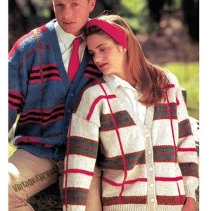Bold Check Cardigan Jacket Knitting Pattern Stripes Plaid DK 8 ply Lady 3 sizes & Man 3 sizes Unisex PDF download in ENGLISH