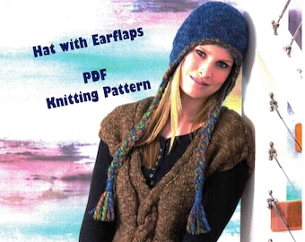 Hat with Earflaps Knitting Pattern in ENGLISH Chunky Easy Knit Plaits Women's 56cm PDF Download