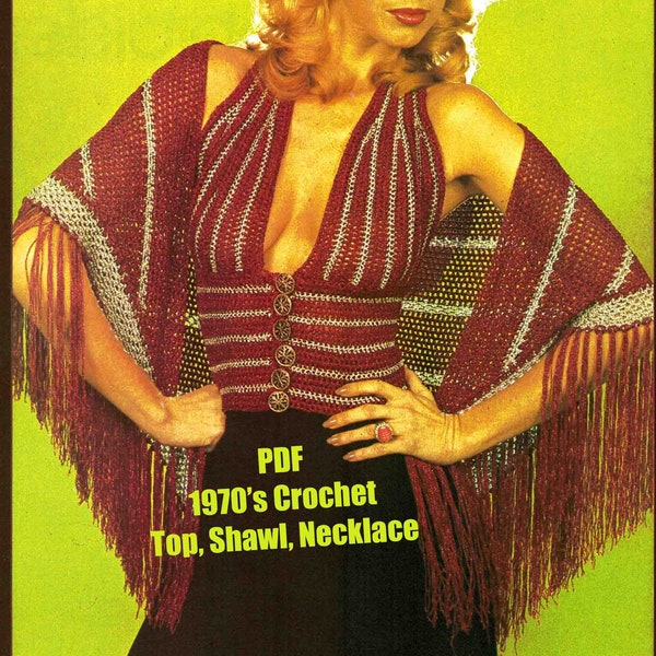 Lurex Halter Top, Shawl & Necklace Crochet Pattern Vintage 1970's Party Glitter Glam PDF Digital Download