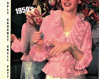 Bed Jacket Crochet Pattern 1950s Vintage Frothy Frilly Feminine Bedjacket Shell Pattern Crocheted PDF Digital Download