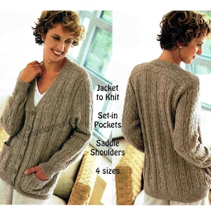 Jacket Cardigan Cable Rib knitting pattern Set-in pockets Saddle shoulders Lady's 4 sizes 32-38" 81-97cms DK 8 ply PDF download in ENGLISH