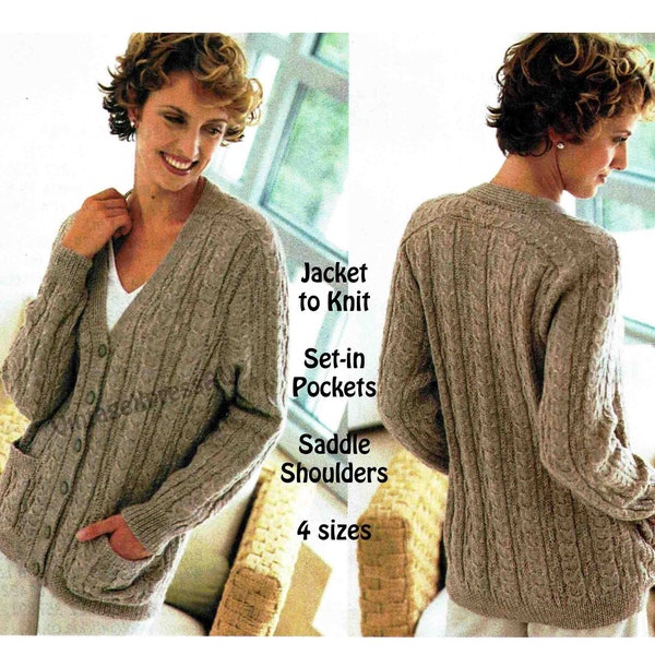 Jacket Cardigan Cable Rib knitting pattern Set-in pockets Saddle shoulders Lady's 4 sizes 32-38" 81-97cms DK 8 ply PDF digital download