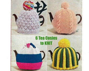 Tea Cosy x 6 Knitting Pattern in ENGLISH Tea Cosies 4 8 10 or 12 ply Vintage 1960's PDF digital download