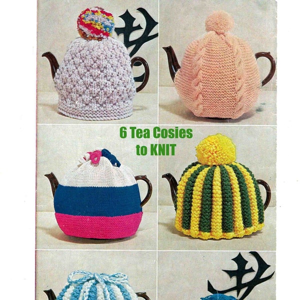 Tea Cosy x 6 Knitting Pattern in ENGLISH Tea Cosies 4 8 10 or 12 ply Vintage 1960's PDF digital download