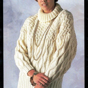 Lady&#39;s Long Sweater knitting pattern in ENGLISH Aran design Pullover 5 sizes 76-97cm 30-38in Chunky 12 ply Warmth PDF Digital Download