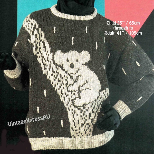 Koala Australia Bear motif knitting pattern Unisex 5 sizes Child to Adult 65cm-105cm Worsted 10 ply Australian Animal PDF digital download