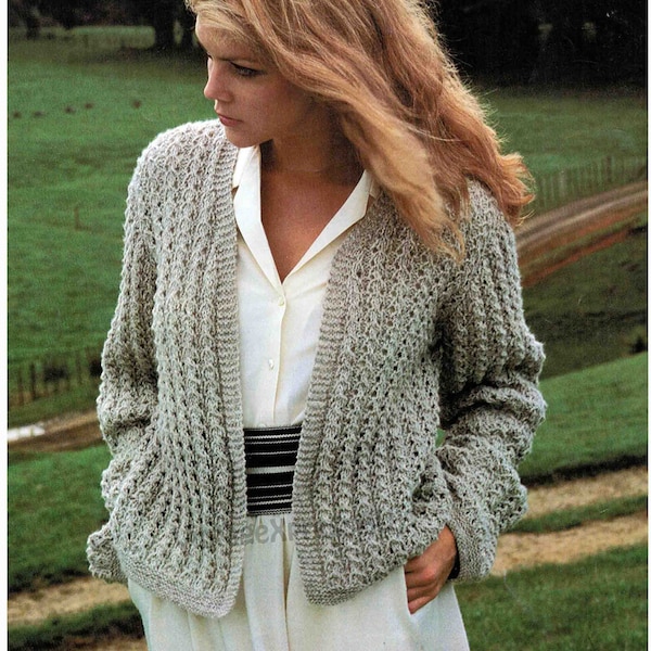 Lacy Jacket Open Front knitting pattern in ENGLISH 8 ply DK Women's 3 sizes 80-105cm Lace Patterned cardigan PDF Digital download