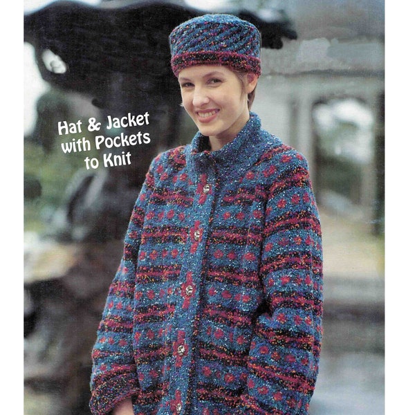 Hat & Jacket with Pockets knitting pattern Worsted 10 ply Women's Coat 5 sizes 34-42" 86-107cm Raglan sleeves Fair Isle PDF digital download