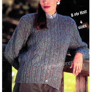 May include: A button-up, blue-green knit cardigan with a textured cable knit design. The sweater has flecks of red and blue throughout. The text "8 ply Knit" and "4 sizes" is visible on the upper right.