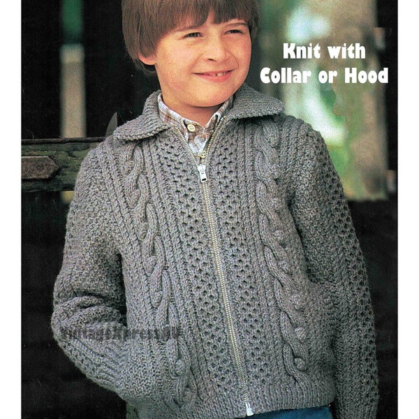 Zipped Aran Cable Jacket Child's Knitting pattern Zip Up with Collar or Hood 5 sizes 24-32" Worsted 10 ply PDF Digital download