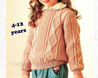 Aran Cable Knit Sweater 8 ply Jumper Child 4-12 years Knitting Pattern in ENGLISH Vintage 8 ply PDF Digital Download