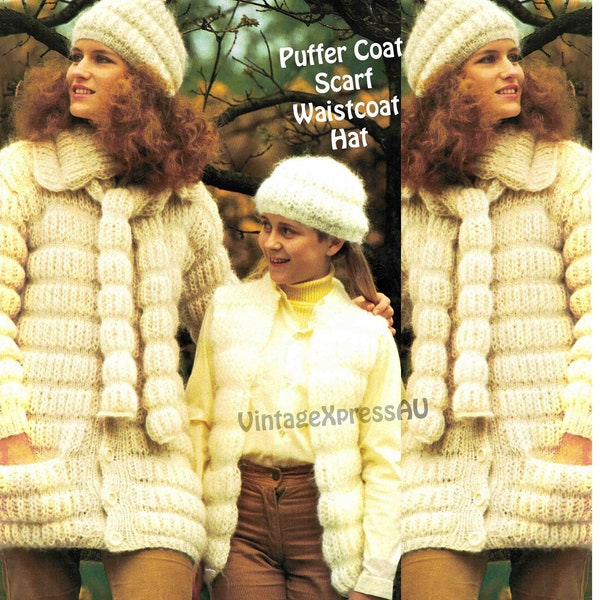 Coat Scarf Hat Waistcoat 4-in-1 knitting pattern ENGLISH 12 ply 8 sizes 24-38" 61-97cm Women Children Puffer style knit PDF digital download