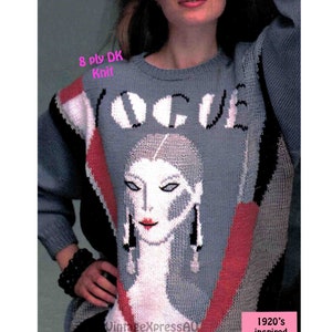 May include: A blue knitted sweater with a white and black "Vogue" graphic and a 1920's inspired woman's face. The text "8 ply DK Knit" and "1920's inspired Glamour in this motif!" are also included in the image.