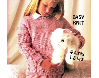 Easy Mixed Stitch Child&#39;s sweater knitting pattern in ENGLISH 4 sizes Unisex Children 1-8 yrs 22&quot;-28&quot; 55-70cm DK 8 ply PDF digital download