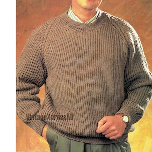 Fishermans Rib Cables Sweater Knitting Pattern in ENGLISH Men 86-122cm 4 sizes DK 8 ply Jumper - Neckband uses circular needles PDF download