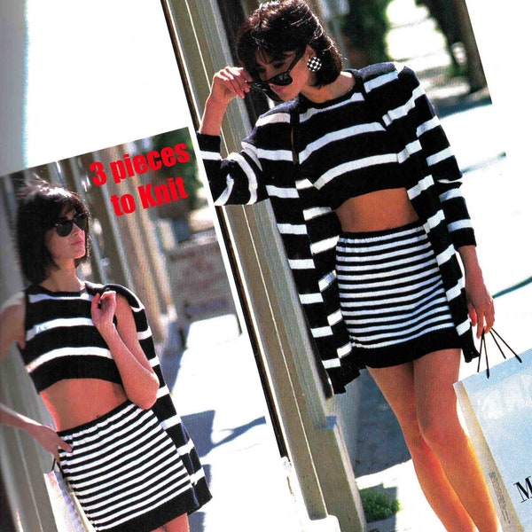 1980's Mini Outfit Stripes Knitting Pattern Lady's 8-14 Vintage 3 Piece Pattern Crop Top Mini Skirt Jacket PDF Digital File Download