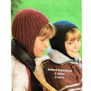 May include: Two children wearing knitted balaclavas in red and blue. The text "Knitted Balaclavas 2 styles 2 sizes" is visible in the image.