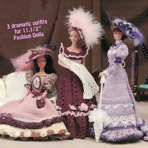 Mode Puppe Outfits Viktorianische Ära 1880 Häkelanleitung ~ 3 komplette Outfits - Kleider Hüte Handtasche Sonnenschirm Baby Kleid PDF digitaler Download