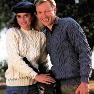 Aran Lady or Man Sweater knitting pattern V or Round neck DK 8 ply Unisex 6 sizes Women or Men PDF digital download in ENGLISH