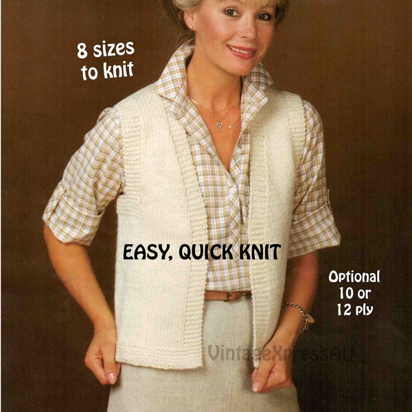 Sleeveless Vest Easy knitting pattern in ENGLISH Women's waistcoat open front 10 or 12 ply ~ Knitted in 1 piece ~ 8 sizes PDF download