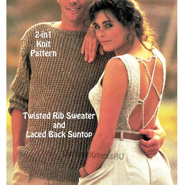 Suntop Laced Back & Sweater Twisted Rib knitting pattern Lady's Top 4 sizes Men's Ribbed Pullover 5 sizes PDF digital download