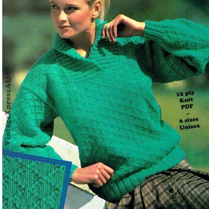 Shawl Collar Diamond Sweater knitting pattern 12 ply crepe Child Lady Man 6 sizes 60-110cms 23.1/2-43ins Unisex PDF download in ENGLISH
