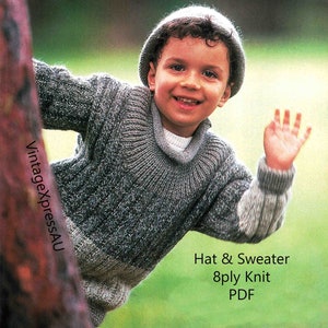Child&#39;s Sweater & Hat knitting pattern in ENGLISH 3-colours 8 ply DK/light worsted 2-6 years 55-65cm PDF Digital Download Jumper and Cap
