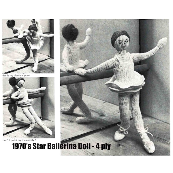 Ballerina Doll Knitting Pattern in ENGLISH 4 ply Soft Toy Ballet Vintage 1970's Scarce PDF Digital Download