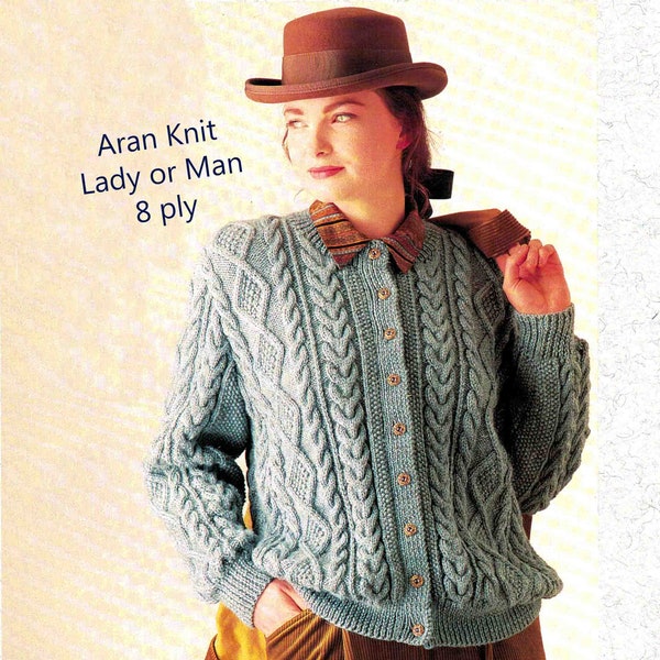Aran Knit Cardigan Lady or Man 8 ply Knitting Pattern in ENGLISH Multi-sizes 75 - 115cm Cable Knit PDF Digital Download