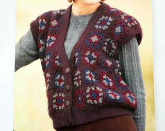 Crochet Granny Squares Lady's Vest Pattern in ENGLISH Sleeveless Cardigan Jacket DK 8 ply Vintage Retro Bohemian PDF Digital Download
