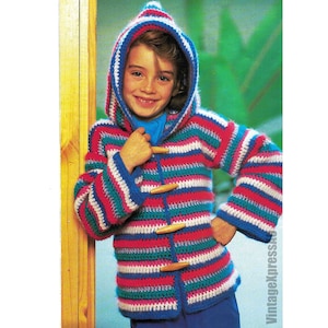 May include: A striped crocheted hooded jacket with wooden toggles. The jacket is in shades of pink, blue, green, and white.