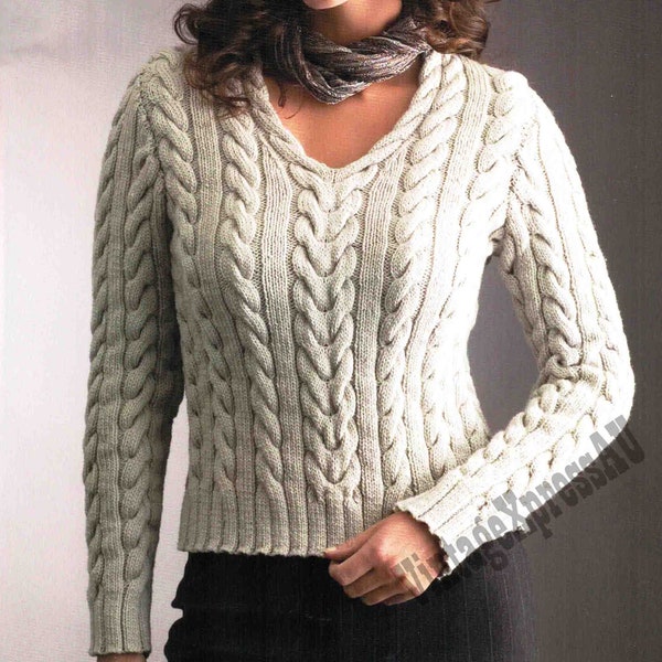 Cabled V-Neck Sweater Lady's Knitting Pattern in ENGLISH 8 ply Cable and Rib Jumper 6 sizes PDF Digital Download