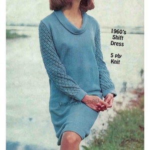 May include: A vintage knitting pattern for a 1960's shift dress made with 5 ply knit yarn. The dress has a cowl neck and lacy sleeves.