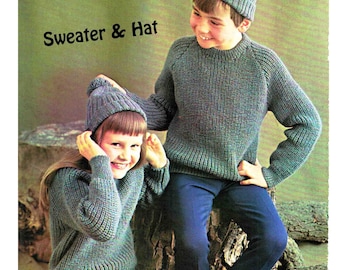 Wzór na sweter i czapkę żebrowaną dla dzieci 24-34" / 61-86 cm, ok. 7-14 lat, ścieg rybacki, plik PDF do pobrania w języku angielskim