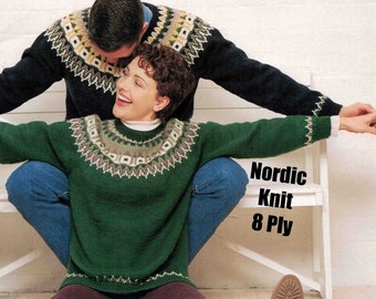 Nordic Sweater Knitting Pattern Vintage Unisex Man or Lady 8 ply Icelandic Pullover Jumper to knit PDF Digital Download