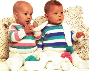 Striped Baby 3-piece set Knitting pattern ~ Sweater Scarf Pants ~ Babies 3 sizes 46-56cms PomPoms PDF Digital download