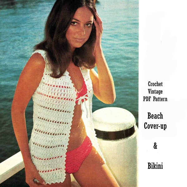 Crocheted Bikini & Beach Cover Up Crochet Pattern Swimsuit Beachwear Lace Top DK / 8 ply Vintage PDF Digital Download