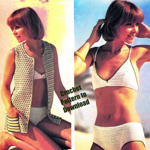 Digital Bikini & Jacket Cover-Up Crochet Pattern 1970's Swimwear Cotton Matching 2 piece set Beach Wear Swimsuit PDF Digital file