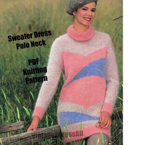 Pullover Sweaterdress Polo Neck Rolled Collar knitting pattern Women 6 sizes 75-100cm Curved panels DK 8 ply PDF Digital download ENGLISH
