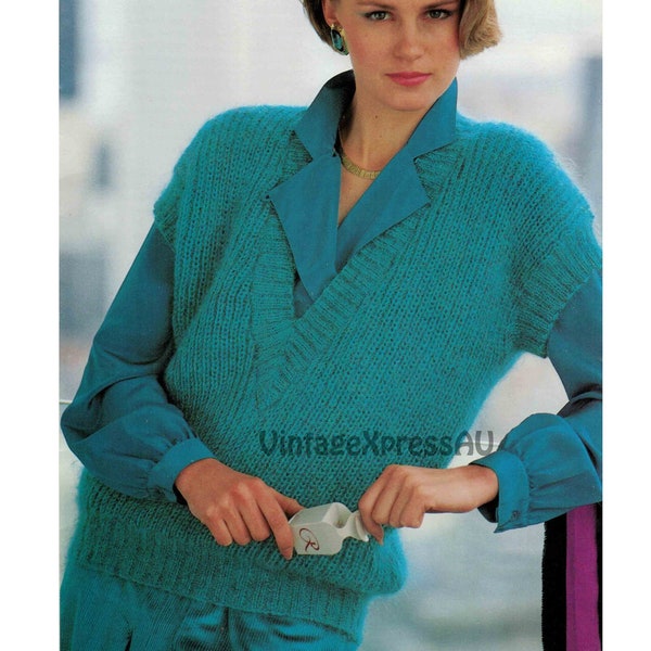 Deep V-neck Vest knitting pattern Sleeveless sweater Women's 5 sizes 30-38" 75-95cm Mohair 8 ply pullover PDF digital download