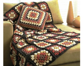 Granny Squares Throw Blanket & Cushion crochet pattern in ENGLISH 12 ply Rug 1.6m L x 1.2m W ~ Cushion 40cm square PDF digital download